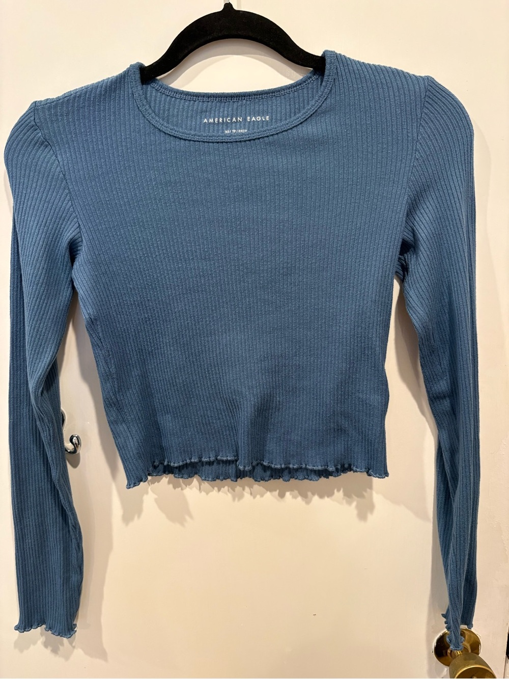 American Eagle Outfitters Dusty Blue Ribbed Long-Sleeve Cropped Top